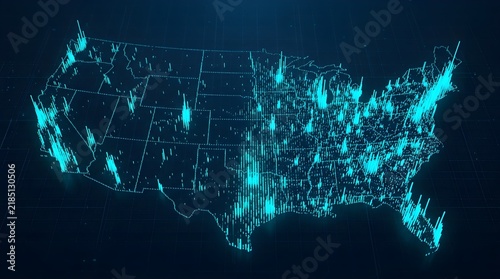 Glowing digital map of the United States featuring luminous blue vertical data bars representing population density and modern connectivity trends across the vast American continental landscape