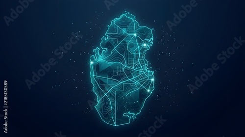 Digital glowing map of Qatar showcasing intricate network lines and data nodes with bright turquoise neon light effect on a dark navy blue background surface texture