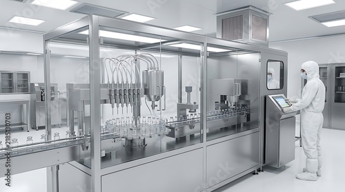 Worker in protective gear operating automated liquid filling machine in a sterile pharmaceutical plant