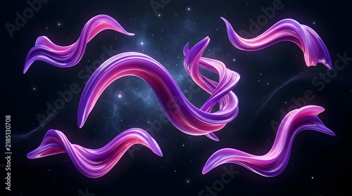 Abstract purple liquid swirls and glowing neon fluid shapes floating elegantly across a deep dark starry space background creating a vibrant and modern digital art composition