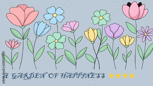 Garden of Happiness Hand Drawn Flowers with Pastel Colors Line Art Vector Illustration for Card and Poster Design