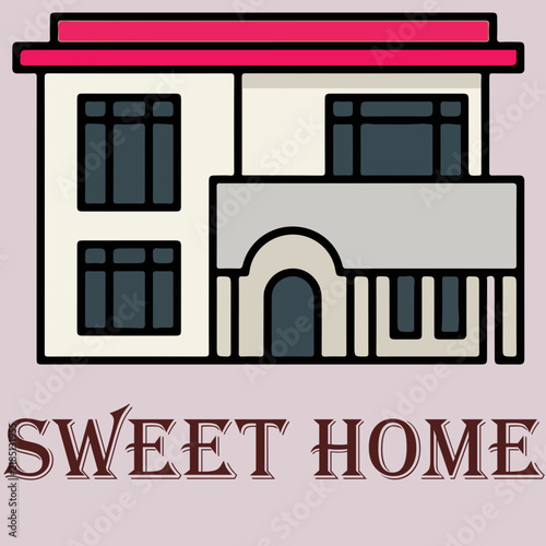Sweet Home Illustration with Two Story House and Pink Roof Flat Vector Design for Real Estate and Family