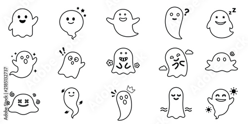 Foto Collection of spooky halloween tombstones and ghostly figures in black and white