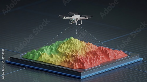 A 3D visualization of a drone scanning a colorful topographical terrain model using laser mapping technology