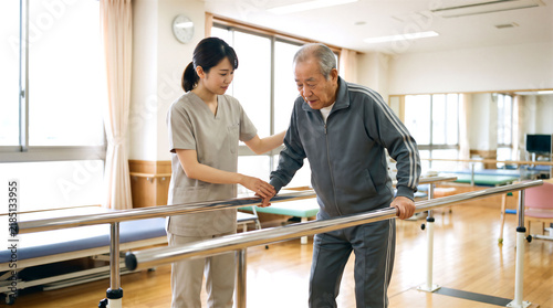 Naklejka 平行棒での立ち座り訓練の様子