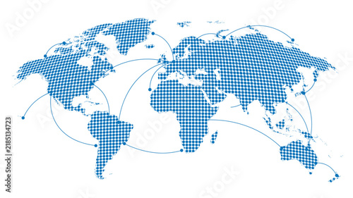 Foto Global network world map vector illustration, blue dotted halftone globe with co