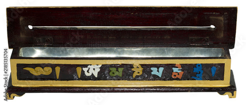 Tibetan incense burner box displaying om mani padme hum mantra