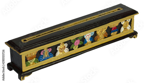 Wooden incense burner box with carved ashtamangala symbols