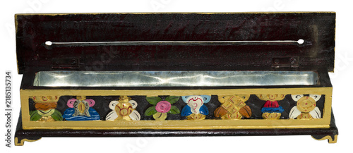 Carved wooden incense box with astamangala symbols