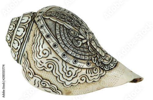 Carved shankha shell religious ritual object with sacred geometry