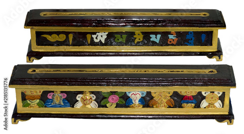 Wooden incense holder featuring om mani padme hum mantra