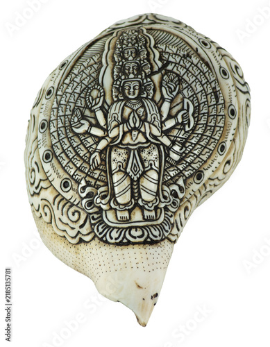 Avalokiteshvara deity carved on seashell with transparent background