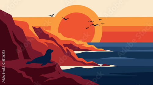 Minimalist vector illustration of a seal on a rocky cliff overlooking a coastal sunset with birds.