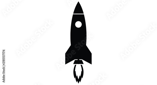 Black silhouette of a rocket ship with flames isolated on a white background