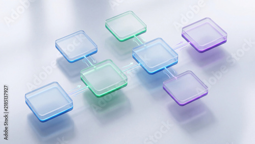 Glass platforms form an organized digital flowchart demonstrating corporate workflow and data network.