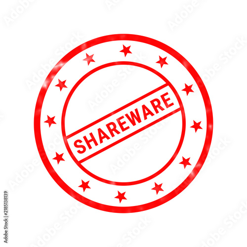 Foto Red shareware rubber stamp icon, circular grunge software seal with stars, isola