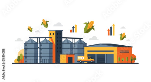 Flat vector illustration of a corn processing plant with silos and rising market arrows, representing agribusiness growth and grain production.