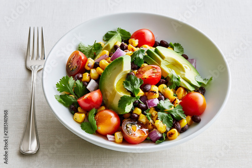Fresh vegetable salad with cherry tomatoes, black beans, corn, avocado slices, and cilantro served in a white bowl on a light textured tablecloth
