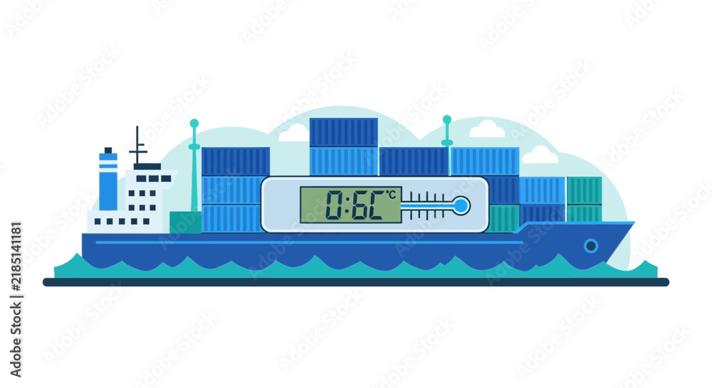 Fototapeta premium Cold Chain Logistics Container Ship Illustration with Digital Thermometer