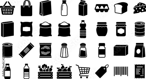 Supermarket and grocery store icon set, food packaging, dairy, bread, canned goods, produce, shopping cart and retail silhouettes