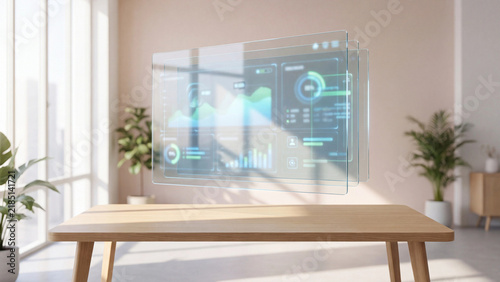 Modern wooden desk features a floating transparent digital dashboard displaying analytics in an office.