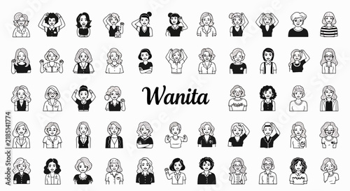 Collection of women's faces in various poses, hand-drawn style, black and white illustrations, vector graphics