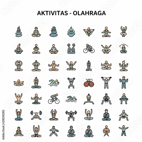 Collection of various sport and exercise icons, perfect for health, fitness, wellness, and active lifestyle concepts