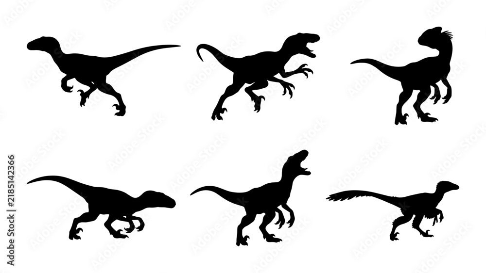 Obraz premium Dinosaur Silhouettes Set: Velociraptor Poses Vector Collection, Prehistoric Creature Icons