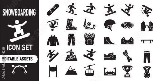 Set of black snowboarding icons and winter sports equipment