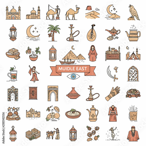 Middle Eastern icons set, vector illustration of traditional culture elements, travel and tourism symbols
