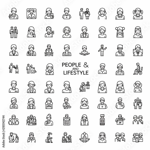 People and lifestyle vector icons set. Diverse human figures in various activities and situations, outline style.