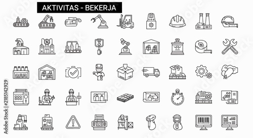 Industrial and manufacturing icons set, factory production line, construction, engineering, and logistics symbols