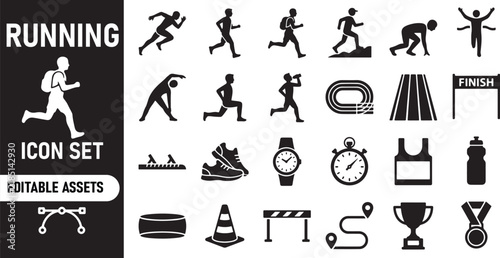 Set of black running and sport icons for athletics