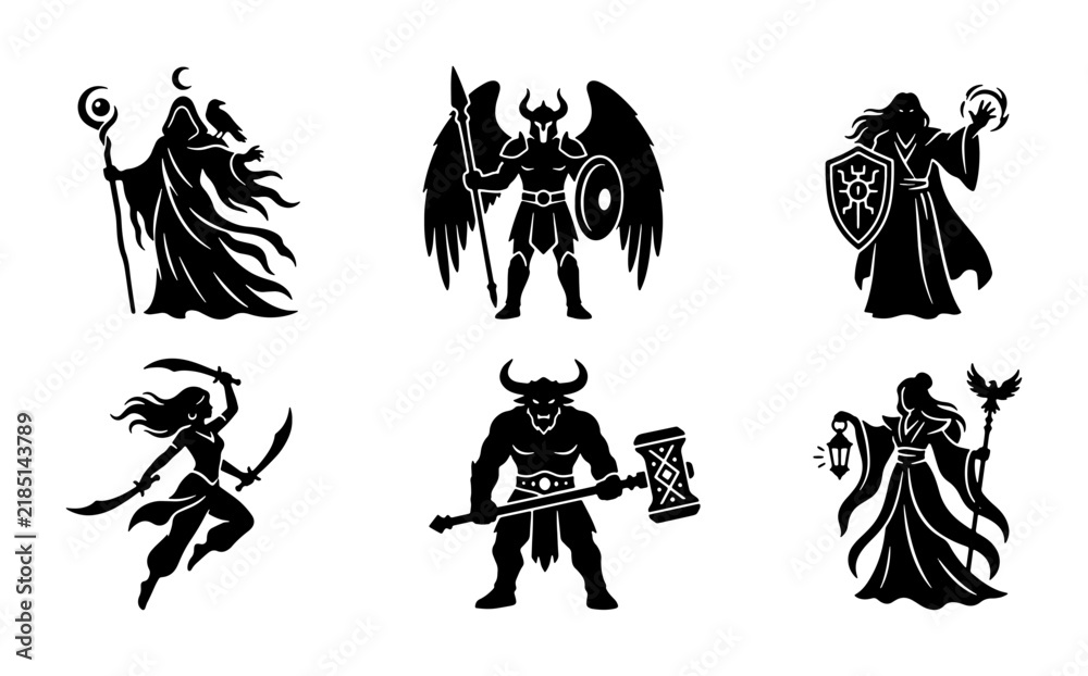 Fototapeta premium Fantasy Warrior Icons, Mythical Creatures, Dark Magic Characters, Silhouette Set