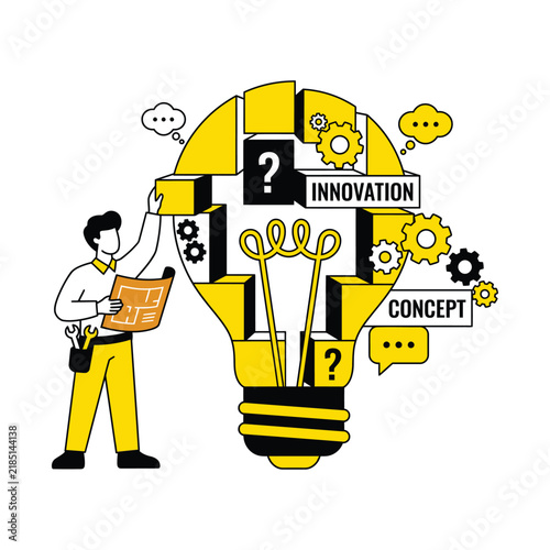 Flat vector illustration of engineer building a creative lightbulb idea concept