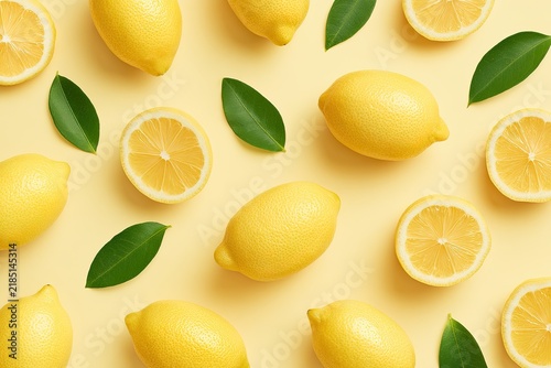 Fresh lemons with seamless fruit pattern