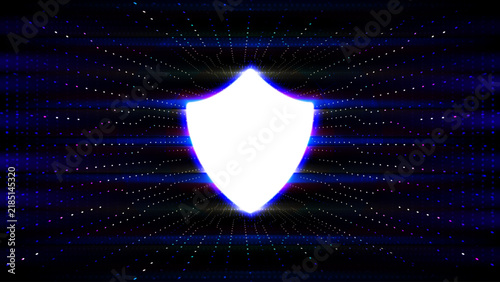 Futuristic cybersecurity background with white glowing neon shield icon on abstract digital data matrix grid.