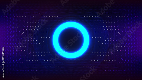 Futuristic technology background with glowing blue neon circle portal and digital circuit lines with dots pattern.