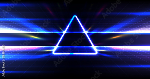 Futuristic retro background with glowing neon triangle and neon laser lines on perspective technology grid.