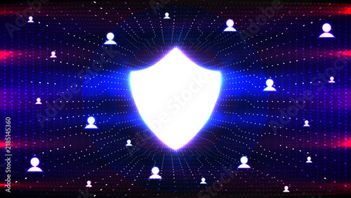 Cybersecurity technology futuristic hud background with glowing shield protection icon and network user data privacy security system.
