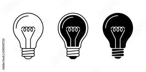 Light Bulb Icons: Simple Line Art, Solid Black, and Outline Vector Graphics for Ideas