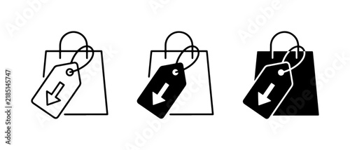 Shopping Bag Icons with Price Tag and Down Arrow, Retail Sale and Discount Vector Graphics