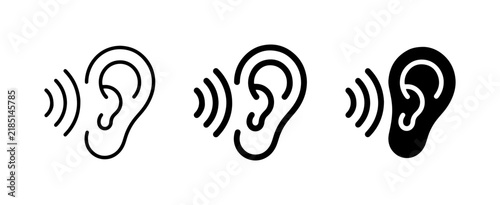 Ear Icons Set, Sound Waves, Listening Symbol, Hearing Medical Vector Graphics
