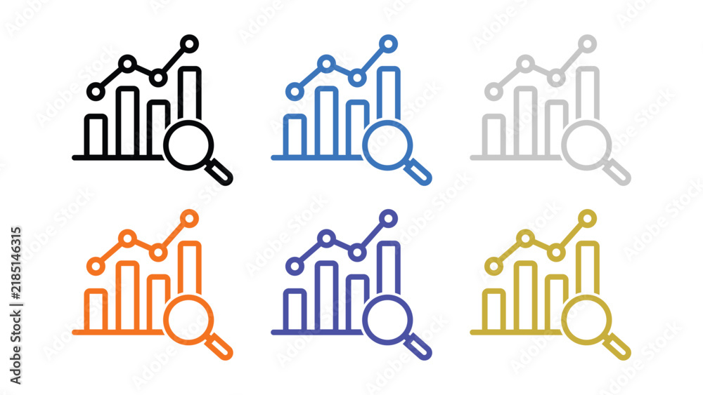 Fototapeta premium Set of colorful line icons depicting bar charts with magnifying glasses for data analysis and research