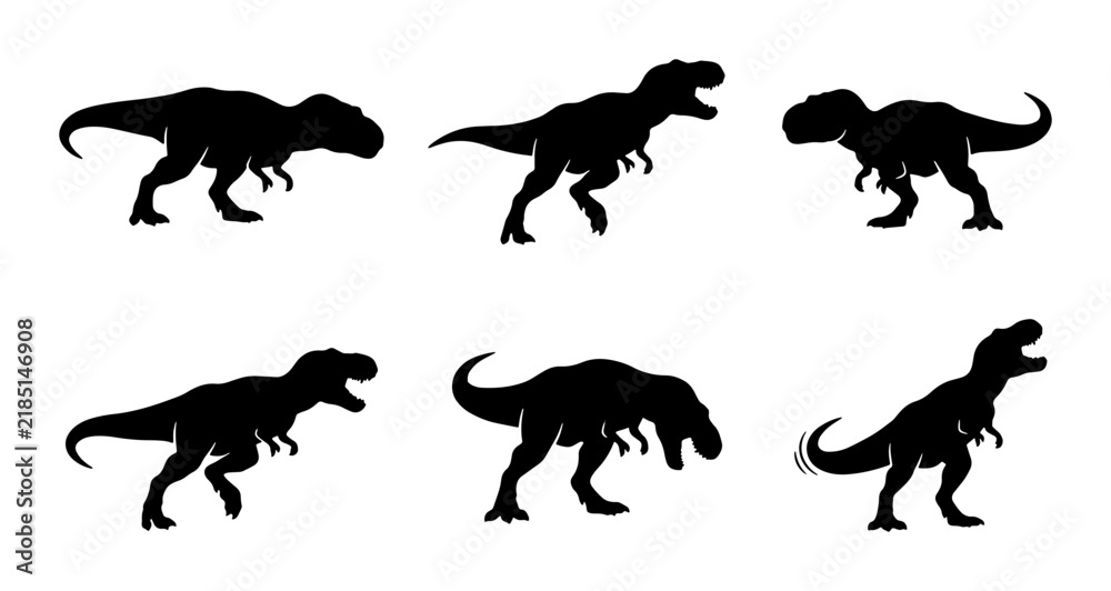 Obraz premium Tyrannosaurus Rex Silhouettes, Prehistoric Dinosaur Vector Icons, Jurassic Era Creature Graphics