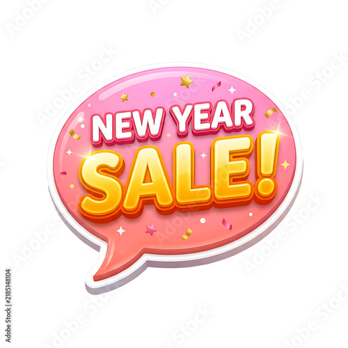 Festive pink speech bubble with 'new year sale!' text and confetti, isolated on transparent background.