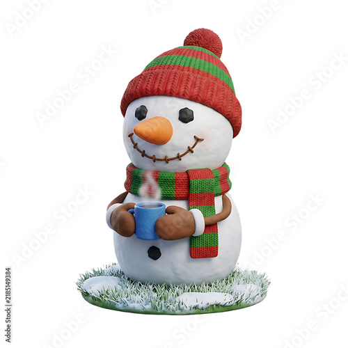 Cozy 3D snowman enjoying hot drink on snowy grass, isolated on transparent background for winter.