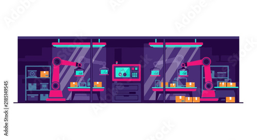 Smart Automated Warehouse with Robotic Arms and Control Panel Flat Vector Illustration