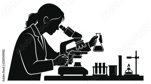 Scientist examining a sample with a microscope black silhouette