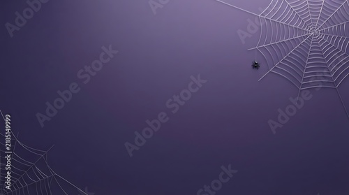 Spooky Halloween Background Featuring Intricate White Spider Webs and a Small Black Spider on a Deep Purple Backdrop for Festive Holiday Designs